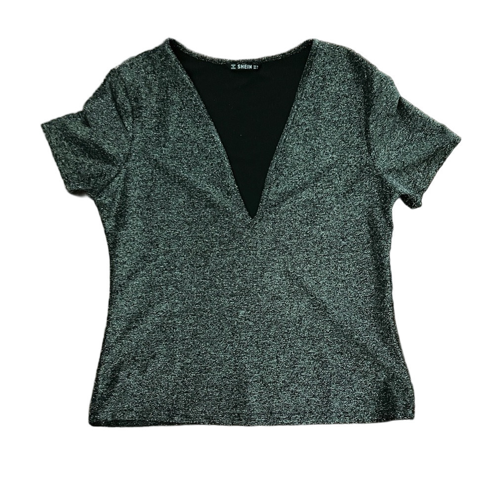 Shein black & silver vneck sparkling top stretchy glitter size XL glittery